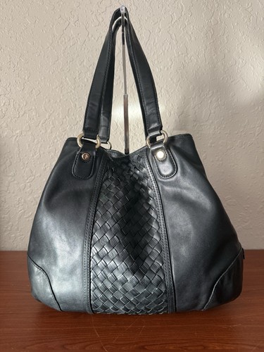 Cole Haan Classic Black Leather Handbag Purse, Woven Leather Panels - Picture 4 of 12