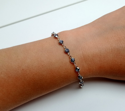 925 Silver Evil Eye Bead Good Luck Bracelet Free Gift Velvet Pouch - Picture 4 of 10