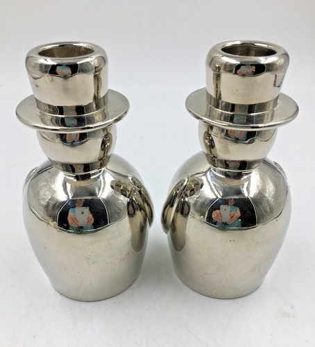 Set of 2 Silver Tone Heavy Metal SNOWMAN Taper CANDLE HOLDERS ~ 5 Inches tall - Afbeelding 3 van 5