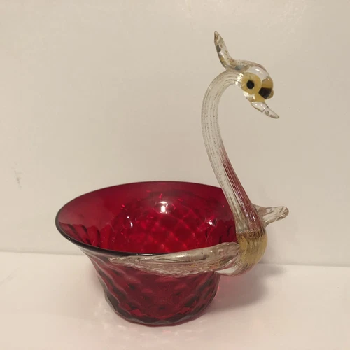 Vintage Italy Murano Venetian Blown Ruby Red Glass Vase Bowl Swan Head Wings