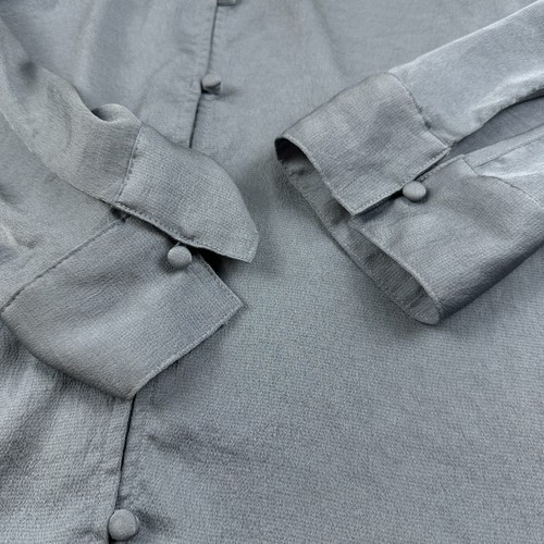 EXPRESS PORTOFINO Ruffled Neck Blouse Grey Satin Sz Large Roll Tab Sleeve Office - Picture 4 of 11
