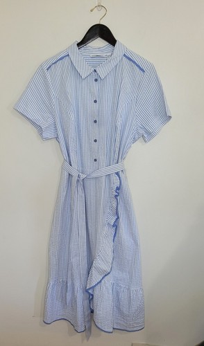 Faux Wrap Seersucker Dress 22W Short Sleeve Pockets Preppy Career Knee Length - Picture 3 of 12