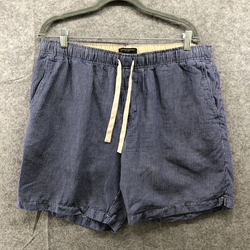 Banana Republic 8'' Linen Blend Shorts Mens L Blue Striped Pull On Drawstring