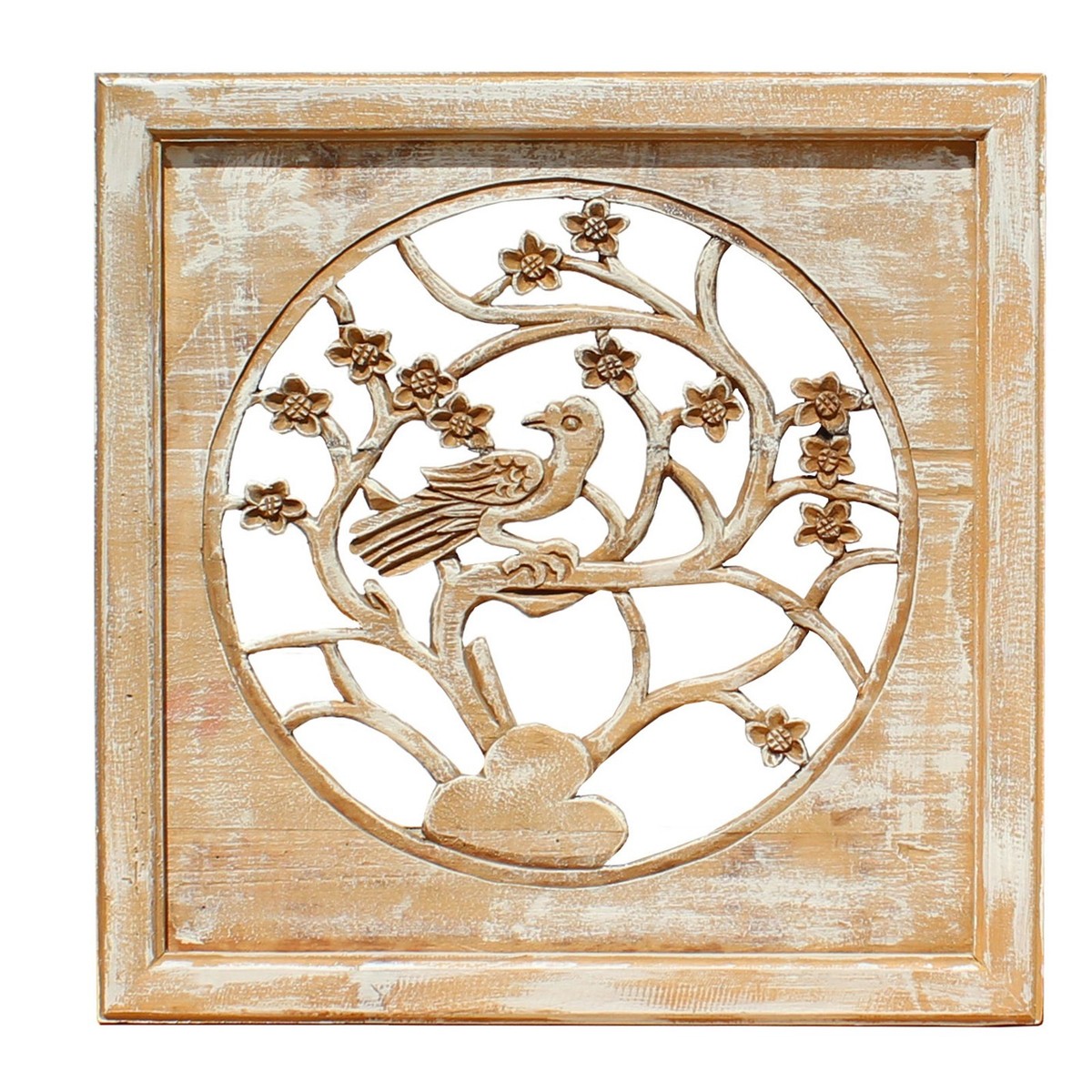Off White Wash Lacquer Chinese Birds & Flowers Square Wall Panel cs4365S Off White Wash Lacquer Chinese Birds & Flowers Square Wall Panel cs4365S