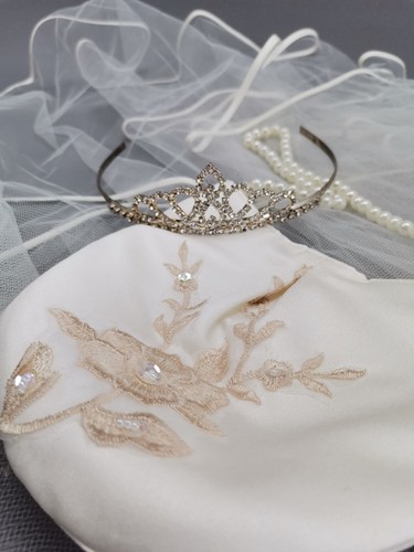 Brautschmuck Schleier Diadem Hochzeit Braut Schmuck Perlen Tasche Satin weiß - Bild 12 von 12