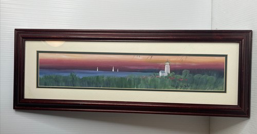 Liz McMahon signiertes Aquarell Gemälde See Leuchtturm Sonnenuntergang Segelboote gerahmt - Bild 1 von 13