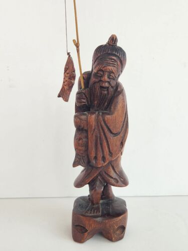 Vintage Asiatico Intagliato Legno Pescatore Vecchio Uomo Figura Pesca Barba Palo Saggio - Foto 2 di 13