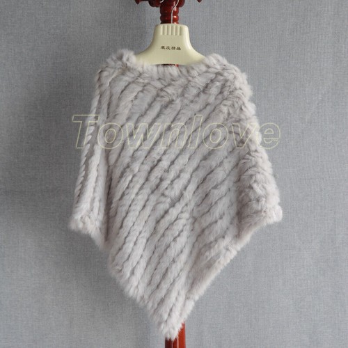 Womens Knitted Real Rabbit Fur Cape Cloak Winter Pullover Coat Outwears Knitwear - Picture 21 of 46