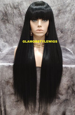 43" FULL WIG EXTRA LONG STRAIGHT LAYERED WITH BANGS OFF BLACK HEAT OK NWT