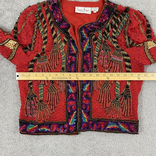 Vintage LAURENCE KAZAR Blazer Womens Large Red Silk Sequin Beaded Tassel Novelty - Picture 5 of 8