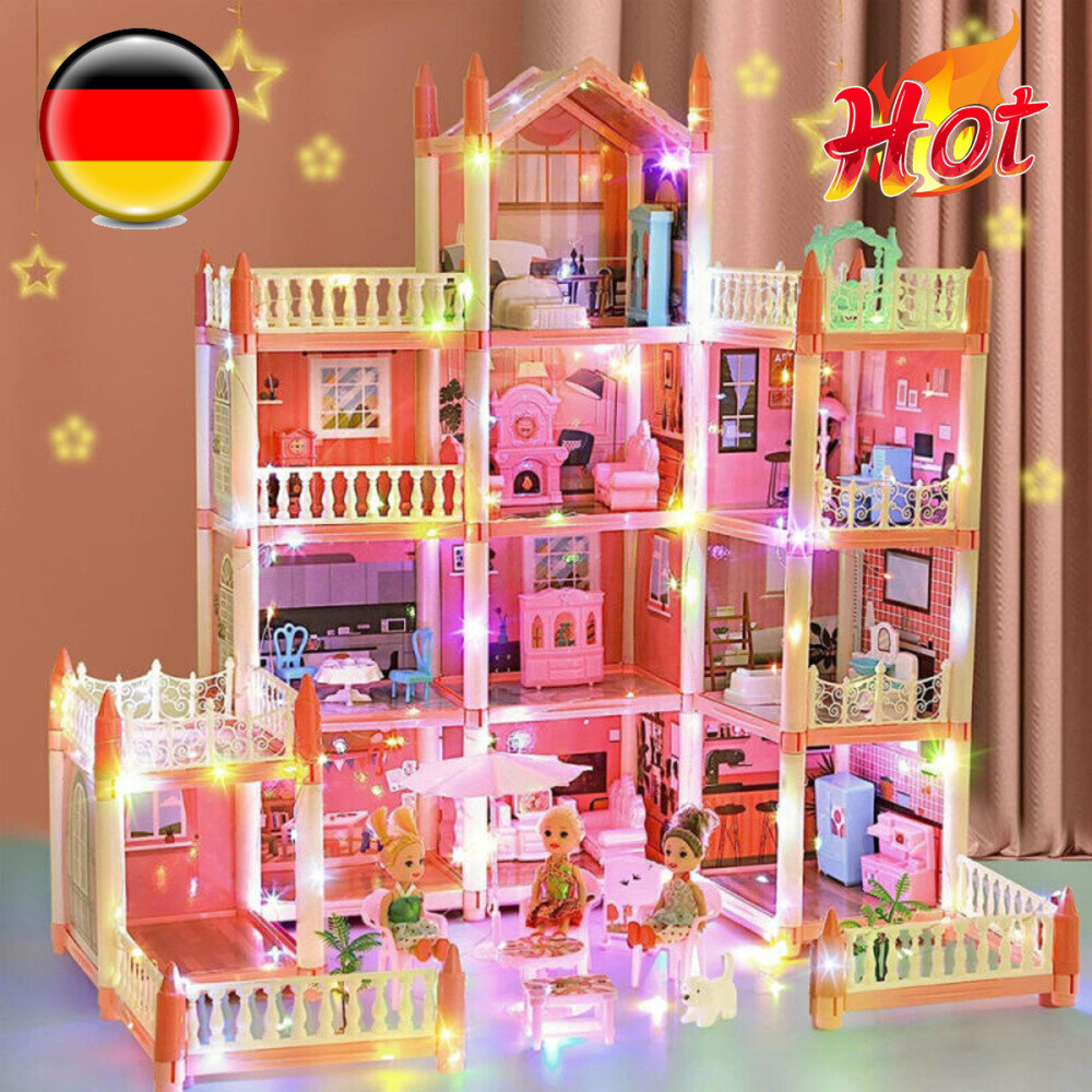 PUPPENHAUS PUPPENSTUBE PUPPENVILLA BARBIEHAUS MÖBEL SPIELSET ZUBEHÖR mit Licht..