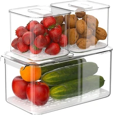 Fridge Produce Saver Food Storage Bin Containers, Stackable Refrigerator Freezer
