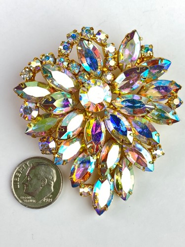 Vintage JULIANA? Stunning AB SET Gold Tone Pin Brooch Clip Earrings - Picture 8 of 13