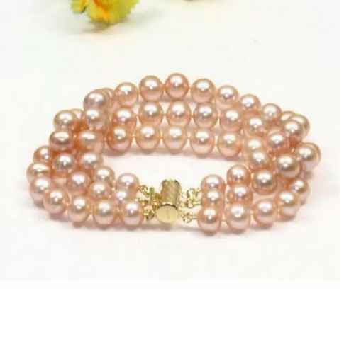 PULSERA 3 FILAS AAA 9-10MM MAR DEL SUR PERLAS ROSA BROCHE ORO 14K - Imagen 2 de 4