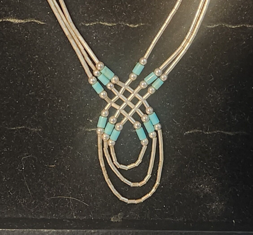 Sterling Silver Liquid sterling silver turquoise 3 strand necklace. 15" long. - Picture 2 of 2