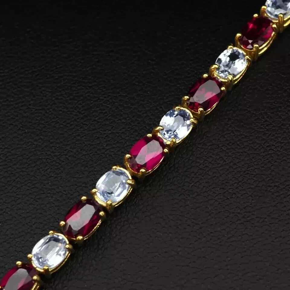 10CT Oval Cut Lab Created Ruby Diamond Tennis Bracelet 14K Yellow Gold Plated 7" - Image 4 of 4