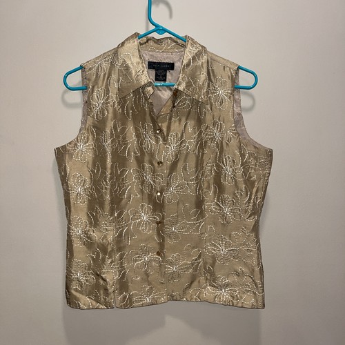 Silk Land Womens Embroidered Sleeveless Button up 10 Floral Classic Quiet Luxury - Picture 1 of 10