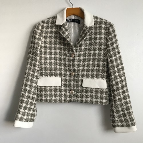 Zara Crop Jacket Small Womens Check Gray Houndstooth Boxy Career Preppy