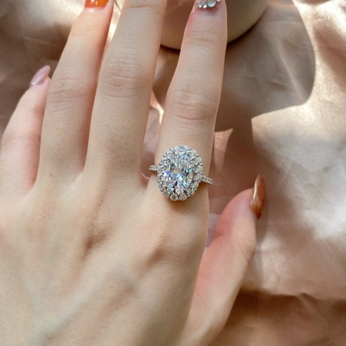 1.5 CT Oval Cut Moissanite Halo Engagement Ring For Women Solid 14K White Gold