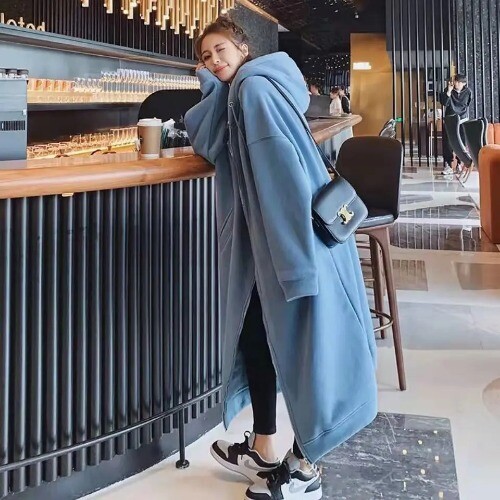 Hooded Sweatshirt Winter Fleece Loose Long Sleeve Zipper Hooded Cardigan Coat - Imagen 5 de 18