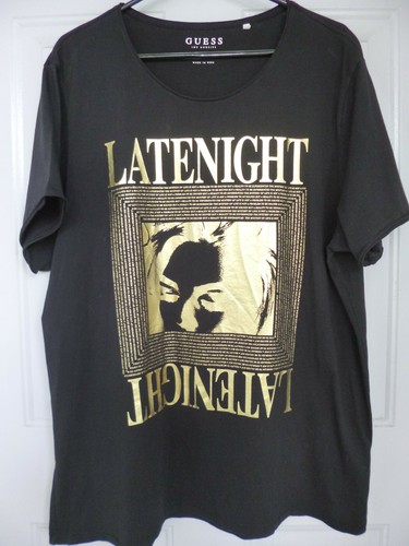 Guess LA T-Shirt XXL schwarz mit goldfarbenem "LateNight" Metallic-Druck, Baumwolle, S/S, gebraucht, in einwandfreiem Zustand - Bild 3 von 5