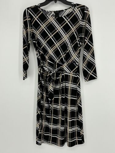Ann Taylor Black White Beige Plaid Long Sleeve Midi Dress Women's Size XS - Picture 3 of 6