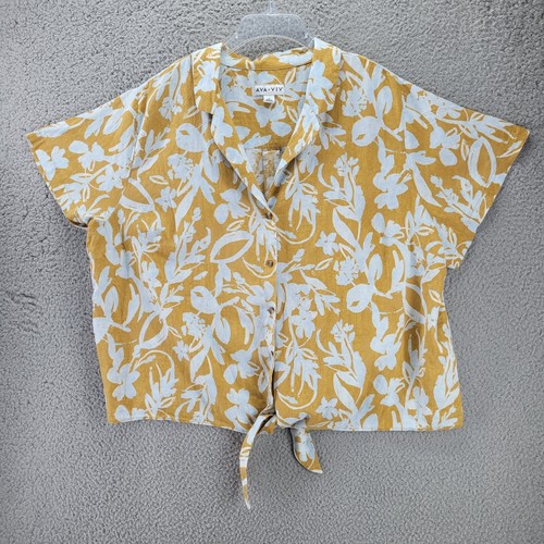Ava & Viv Linen Floral Top Womens Size 2X Button Up Tie Front Blouse Cruise