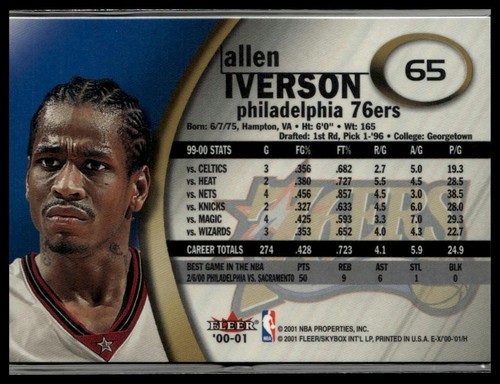 Allen Iverson 2000-01 E-X #65 Philadelphia 76ers - Imagen 2 de 2