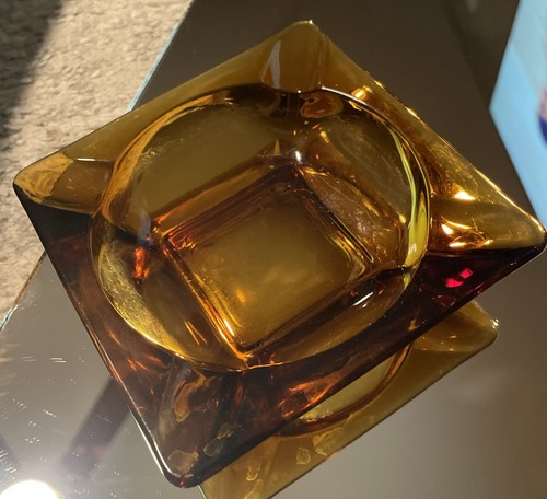Mid Century Vintage Yellow Square Glass Ash Tray Yellow Glass - Picture 2 of 7