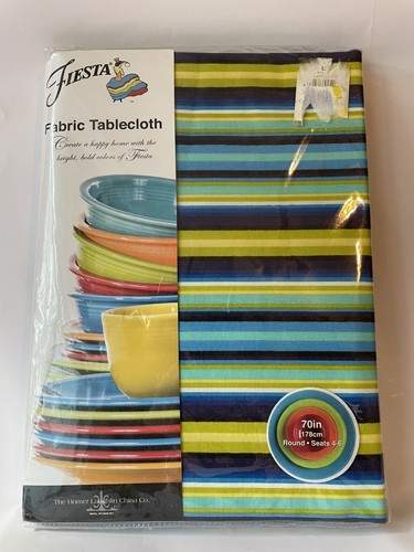 NIP Fiesta Fabric Tablecloth Calypso Stripe Turquoise 70 In Round New - Picture 1 of 6