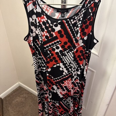 Perceptions Women's Sleeveless Dress Size 18 Black White Red Geometric Print EUC