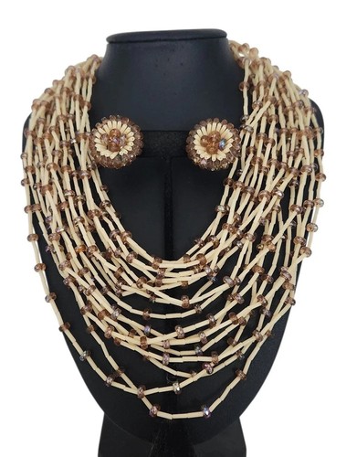Vintage Signed VENDOME Glass Beads Multistrand Necklace Floral Clip Earrings Set