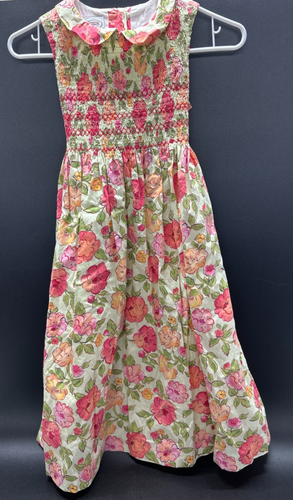 Talbots Kids Dress Size 8 Girls Coral Pink Green Floral Smocked Sleeveless Lined