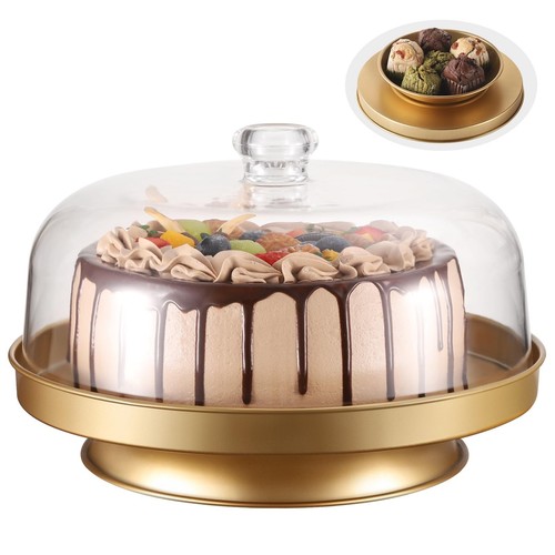Gold Cake Stand with Dome,2-In-1 Cake Holder With Lid,Metal Dessert Stand wit...