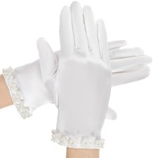 White Satin Gloves Women, Wrist Length Pearl Gloves for Women, Vintage Elegant