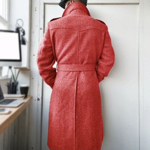 Men Overcoats with Belt Herringbone Long Wool Blend Double Breasted Coat Outwear - Picture 2 of 51