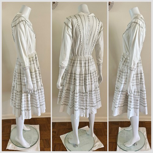 50er Silber Metallic Ric Rac Baumwolle Terrassenkleid Western Fiesta Kreis 40s Vintage - Bild 4 von 24