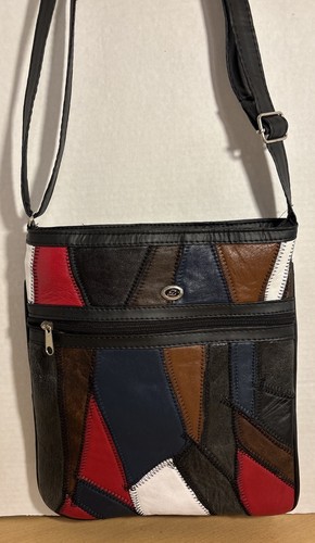 Multicolor Patchwork Leather Crossbody Shoulder Bag Purse 11” X 9.5” - Picture 2 of 9
