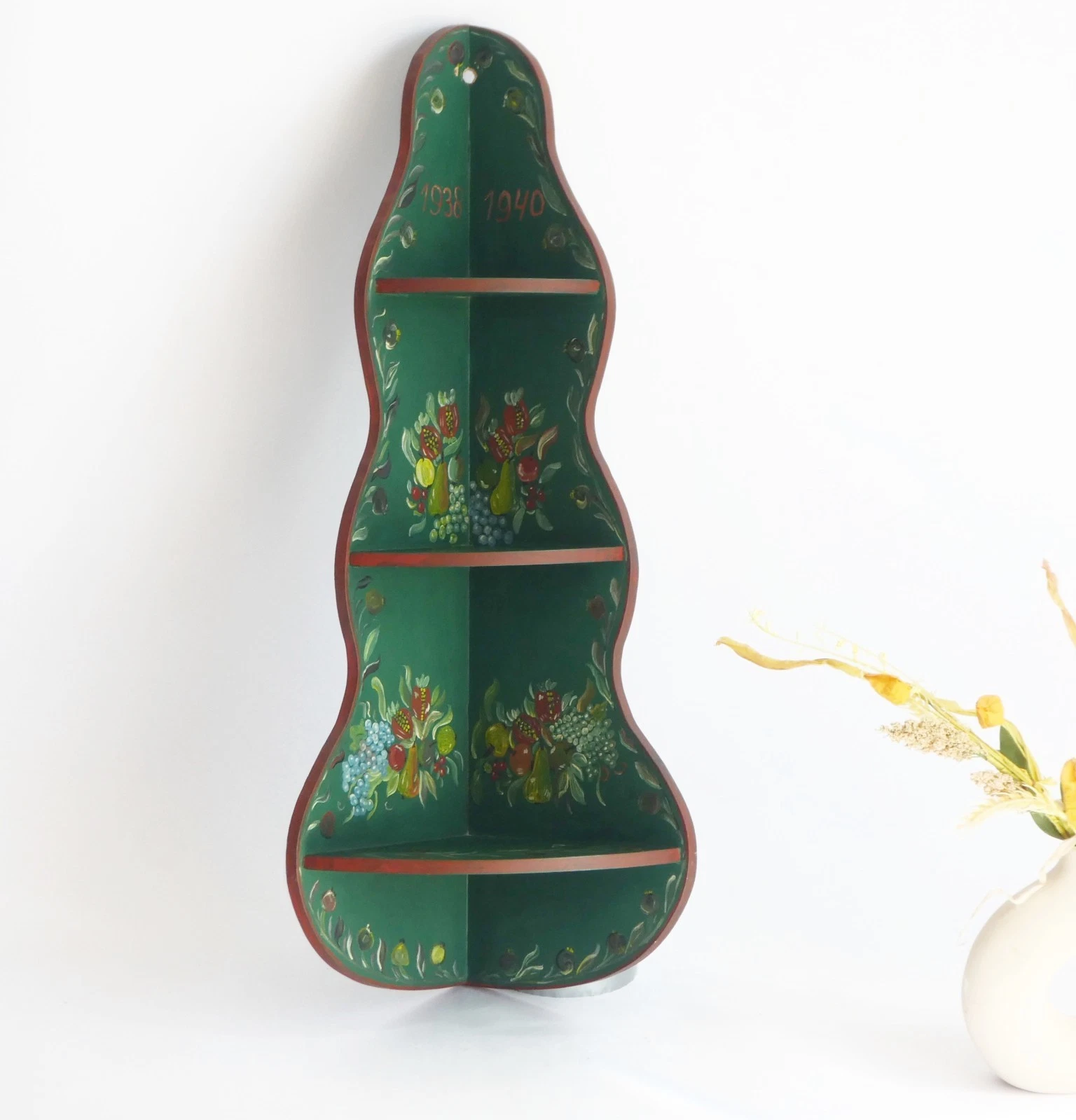 Hand Painted Green Floral Corner Cabinet, Vintage Wooden Spice Rack Hindeloopen