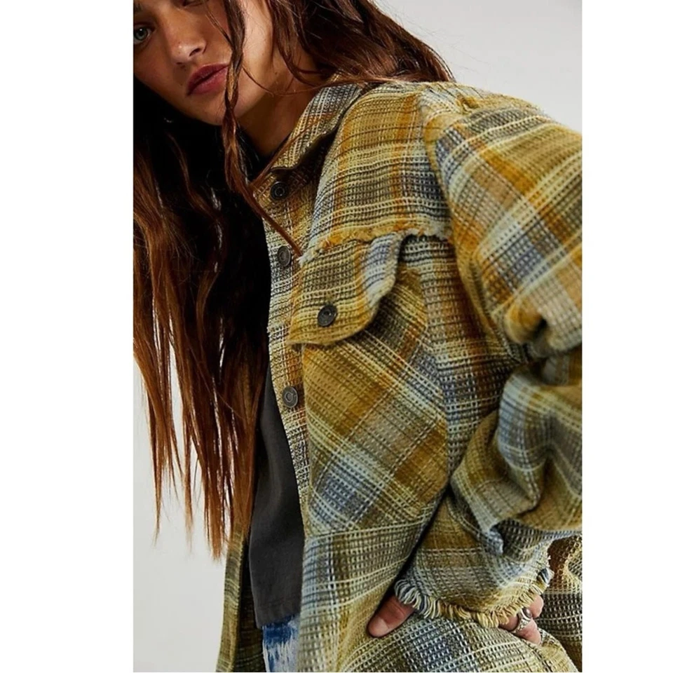 Free People Grunge Años 90 Anneli Camisa a Cuadros Chaqueta Cabaña Musgo Jardín Talla XL Foto 2 de 4