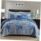 Cotton Bedspread Quilt Sets-Reversible Patchwork Twin Blue Classic Bohemian