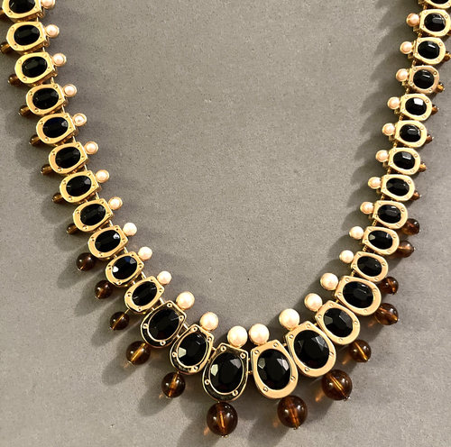 Rare MONET Jewel Black Crystal Faux Pearl Brown Glass Beads Bib Collar Necklace - Bild 4 von 8