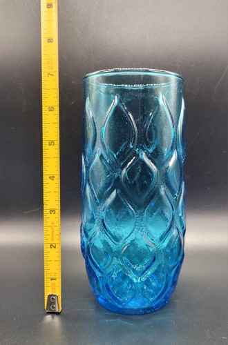 Vtg 7" MCM Anchor Hocking Quilted Madrid Diamond Aqua Blue Tumbler Glass - Picture 6 of 7