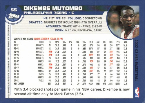 2002-03 Topps #55 Dikembe Mutombo - Picture 2 of 2