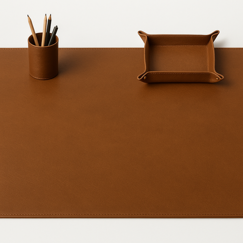 Leather Cowhide Desk Mat with Storage Tray & Pencil Holder, Office Organizer Pad - 第 6/8 張圖片