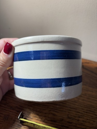 Robinson Ransbottom Pottery 1 pt. Übertopf mit niedrigem Glas Topf blau elfenbeinfarben gestreift 303 - Bild 4 von 6