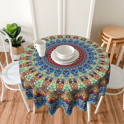 Boho Round Tablecloth 60 inch, Bohemian Circle Table Cloth Cover, Stain Resis... - Picture 7 of 8