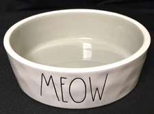 Rae Dunn MEOW Small Cat Pet Bowl Dish White & Gray Cat Food Water 5” Dia - NEW