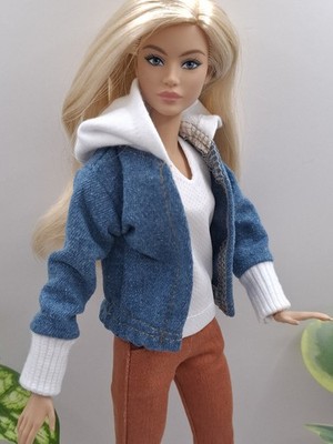  Jeansblaue offene Jacke für Barbie-Puppen, Handarbeit 