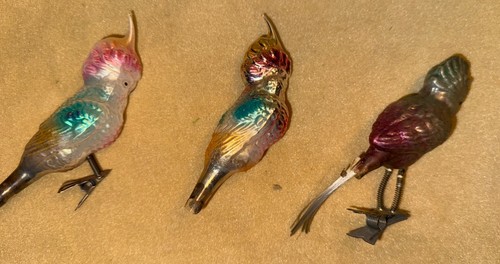 3 Blown Glass Christmas Parakeet Ornaments, Circa 1930